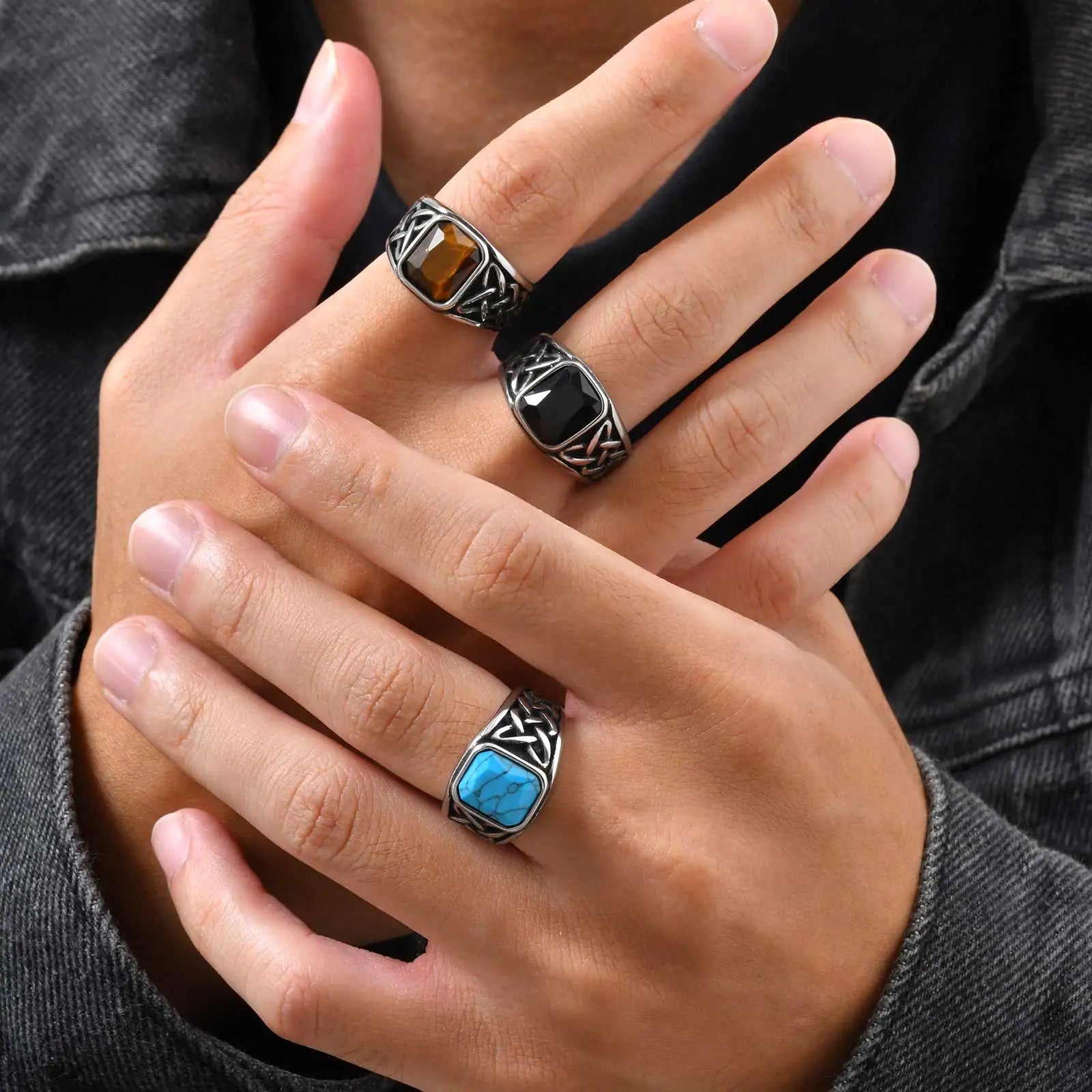 Punk Vintage Ethnic Rings for Men, Retro Viking Knot Rune Finger Band, Black Geometric Square Stone Signet Ring Jewelry
