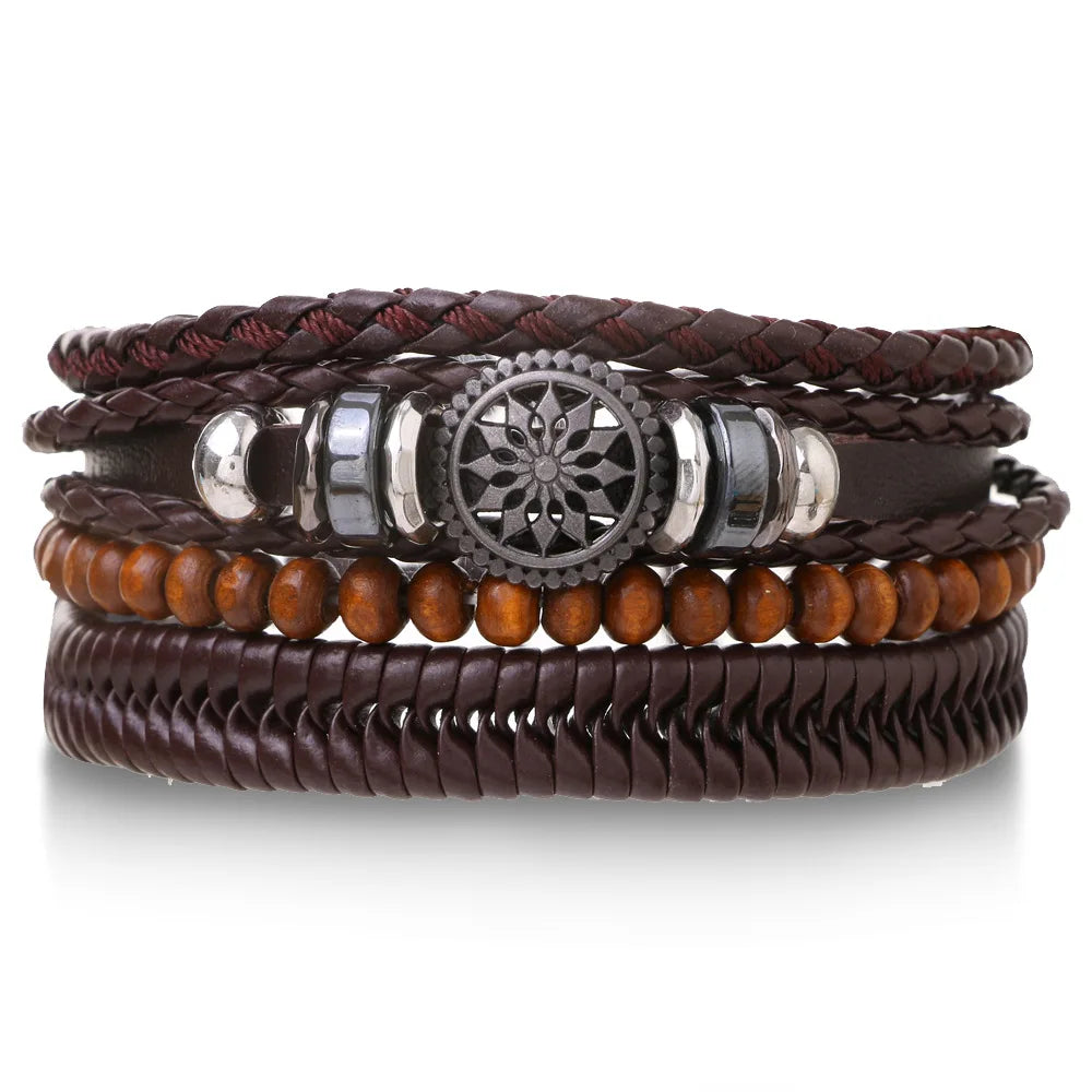 4Pcs/ Set Braided Wrap Leather Bracelets for Men Vintage Life Tree Rudder Charm Wood Beads Ethnic Tribal Wristband Rope Brace