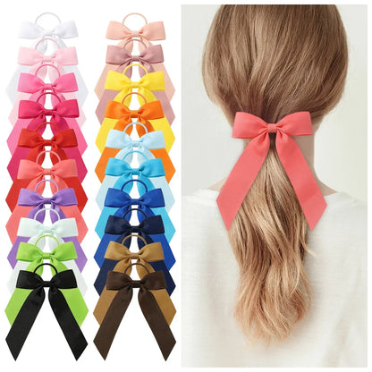1PC Solid Color Ribbon Pigtail Hair Bows Elastic Hair Bands Holders Ties Hair Accessories for Baby Girls Infants Toddler