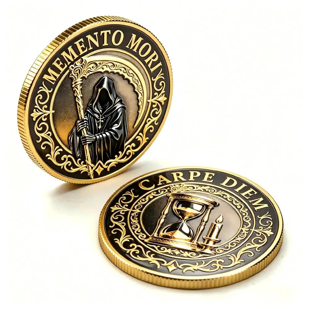 Vintage Memento Mori Grim Reaper Double Sided Medal Hourglass Collectible Badge Gold UV Protective Enamel Pocket Decor