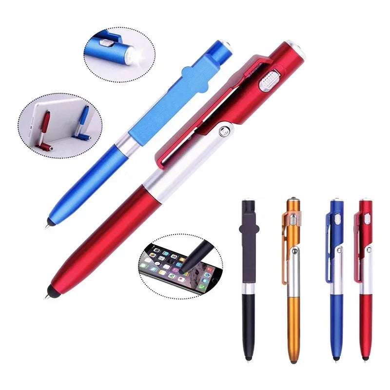 4 In 1 Multifunction Ballpoint Pen with LED Light Fold Phone Holder Night Read Writing Pencil Office School Student Stationer