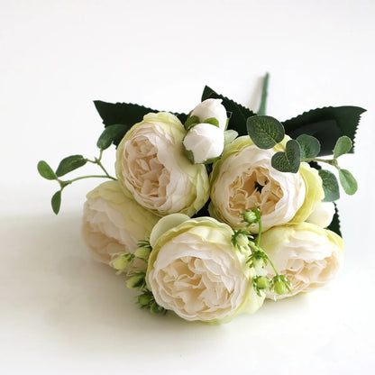 1pcs/30cm Rose Pink Silk Bouquet Peony Artificial Flower 5 Big Head 4 Small Bud Bride Wedding Home Decoration Artifi - 19