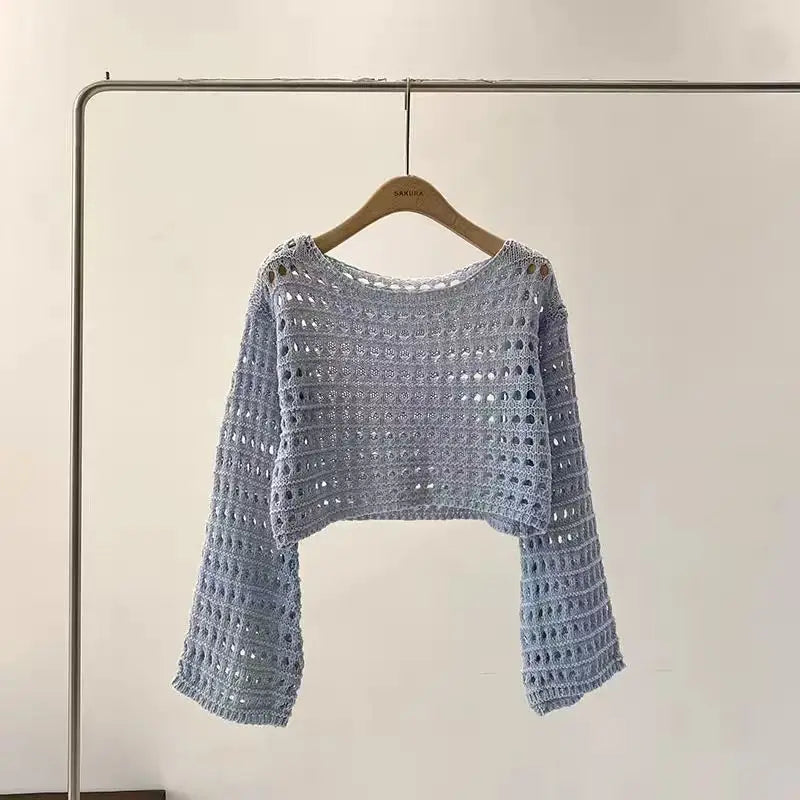 Long Sleeve Crochet Knit Top Summer Beach Bikini Cover Up Crop Pullover Wool Knitwear Blouse Women Vacation Boho Outfit - Lig