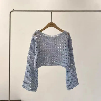 Long Sleeve Crochet Knit Top Summer Beach Bikini Cover Up Crop Pullover Wool Knitwear Blouse Women Vacation Boho Outfit - Lig