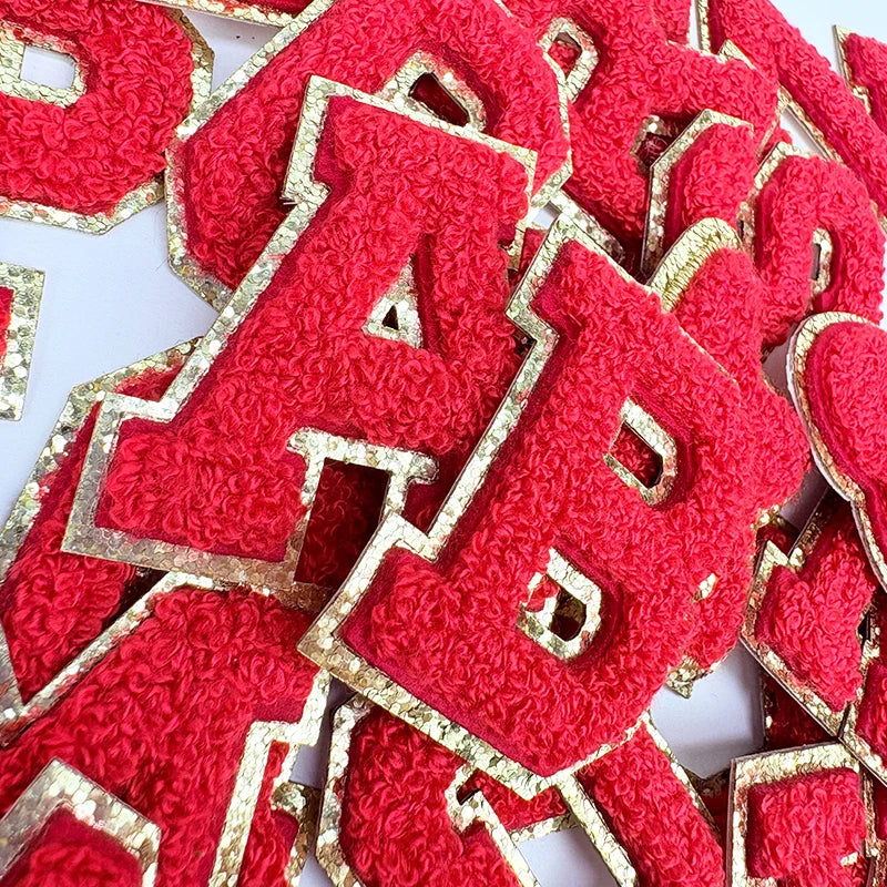 Red Letters Sticker Patch Alphabet Towel Embroidered Chenille Patches for Clothing Bags Jacket Stick on Accessories Applique