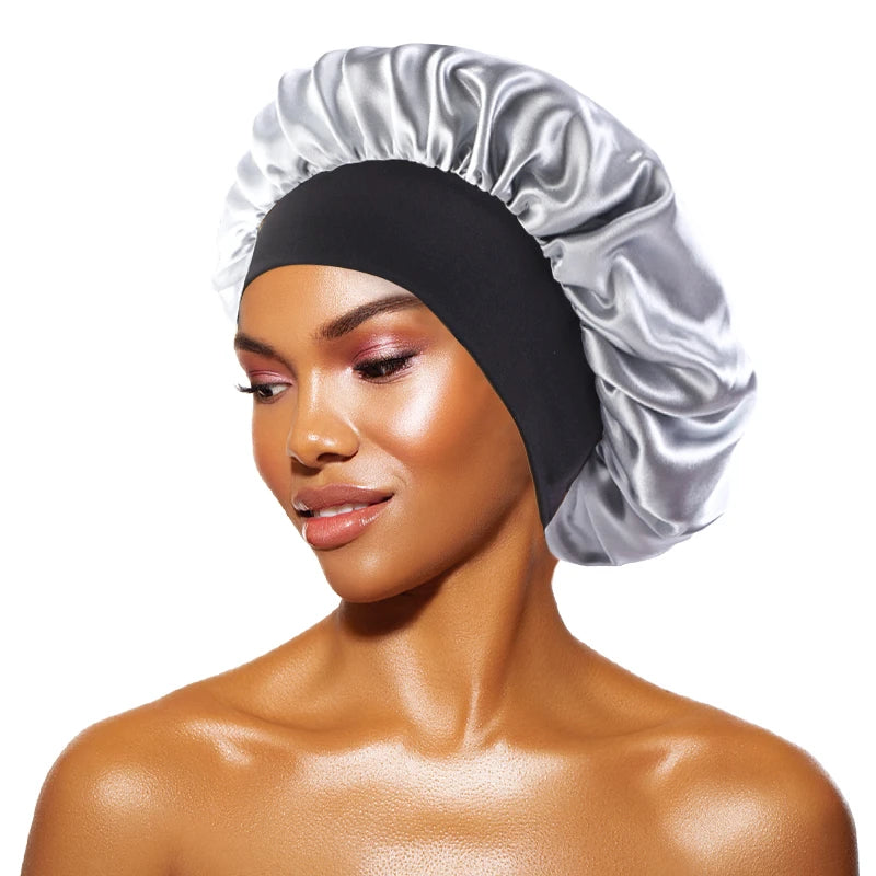 Women's Satin Solid Bonnets Wide-brimmed Night Sleeping Bathing Hat Unisex Head Wrap Elastic Band Cap Hair Care Bonnet - Silv