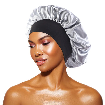 Women's Satin Solid Bonnets Wide-brimmed Night Sleeping Bathing Hat Unisex Head Wrap Elastic Band Cap Hair Care Bonnet - Silv