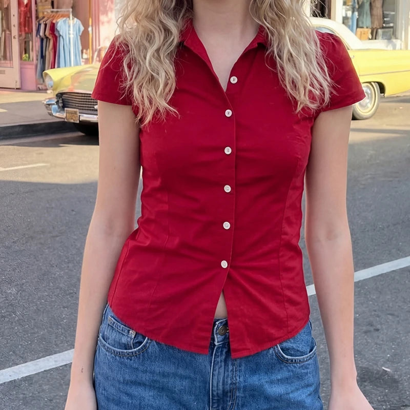 Women Short Sleeve Button Down Shirts Vintage Stripe Print Slim Fitted Cropped Collared Blouse Elegant Lady Business Shirts -