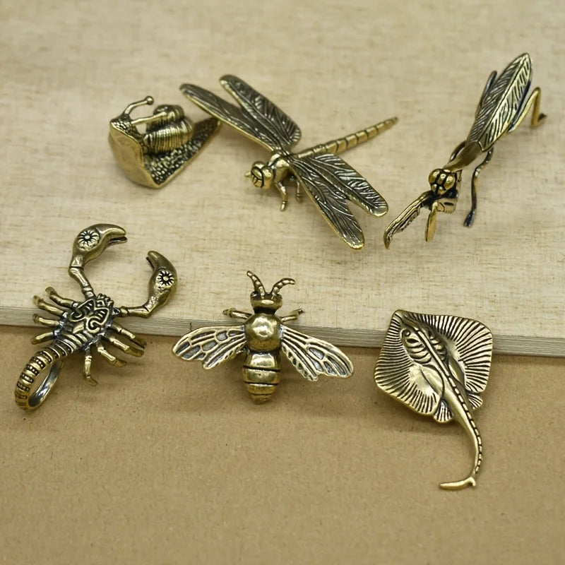Set of 6 Solid vintage Brass Multi-Style Ornaments, Creative Sculptures of Animals and Plants