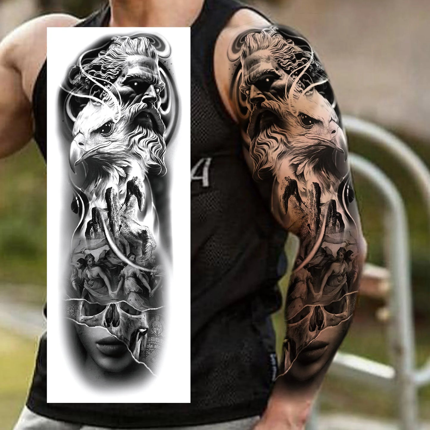1 Sheets Wolf Lion Tiger Maori Temporary Tattoos For Men Women Adults Full Sleeve Arm Flower Rose Skull Tattoo Sticker Decor 