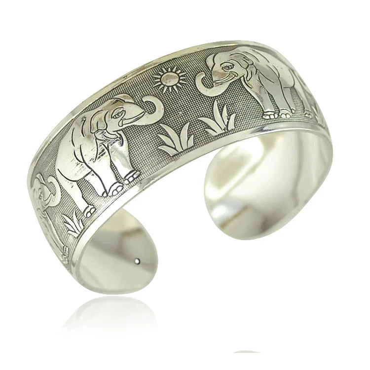 Meetvii New Retro Cuff Bracelets Tibetan Silver Metal Carving Sea Turtle Lotus Elephant Flower Bangles Vintage Gypsy Jewelry 
