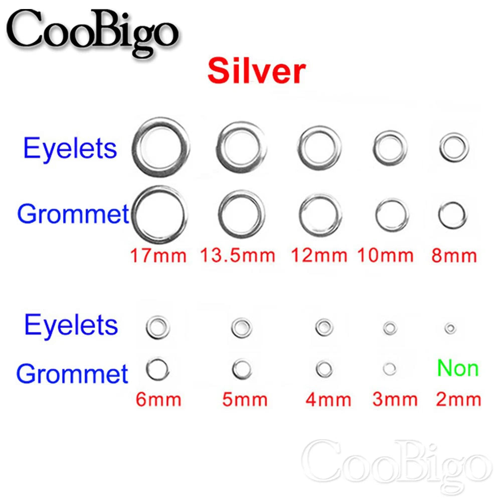 100 Sets Metal Eyelet Grommet Ring Kit for Garment Canvas Sewing Accessories Silver 2mm 3mm 4mm 5mm 6mm 8mm 10mm 12mm 14mm 17