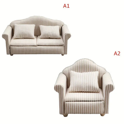 1: 12 Mini Furniture Sofa DIY Decoration Doll House Mini Furniture Living Room Furniture White Beige Sofa with Pillows