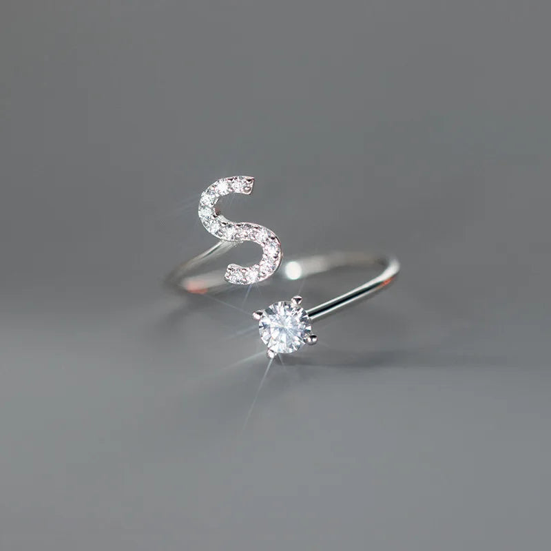 Zircon Initial A-Z Letter Ring For Women Metal Adjustable Opening Ring Name Alphabet Female Wedding Gift Anillos Mujer - S