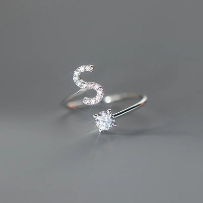 Zircon Initial A-Z Letter Ring For Women Metal Adjustable Opening Ring Name Alphabet Female Wedding Gift Anillos Mujer - S