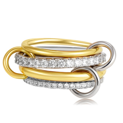 Luxury Cubic Zirconia Gold Plating Multilayer Connecting Rings for Women Fashion Mixed Color Stackable Finger Ring Party Jewe
