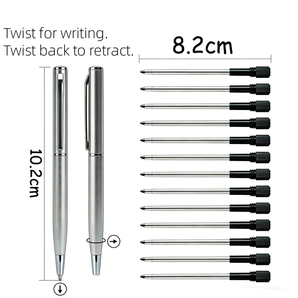 Mini Stainless Steel Metal Ballpoint Pen with 10 Replacement Refills Set, Portable Pocket Ballpen Compact Short Pen for Walle