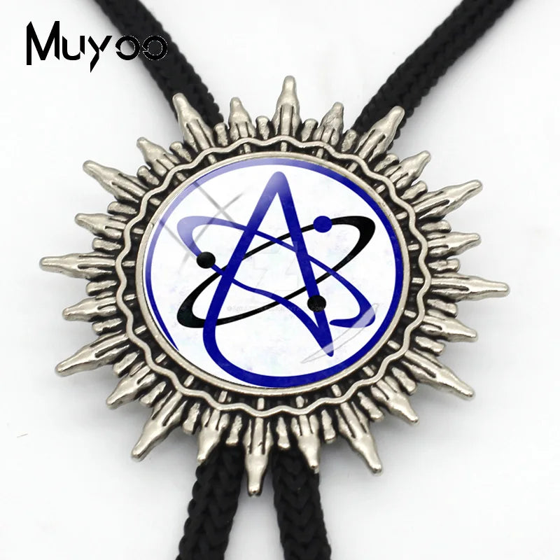BOLO-0087 Fashion Hot Atheist Atheism Symbol Bolo Ties For Men Handmade Atheist Logo Round Glass Dome Slide Fashion Neck Tie 