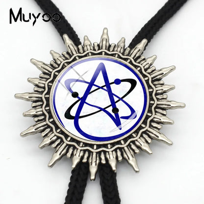 BOLO-0087 Fashion Hot Atheist Atheism Symbol Bolo Ties For Men Handmade Atheist Logo Round Glass Dome Slide Fashion Neck Tie 