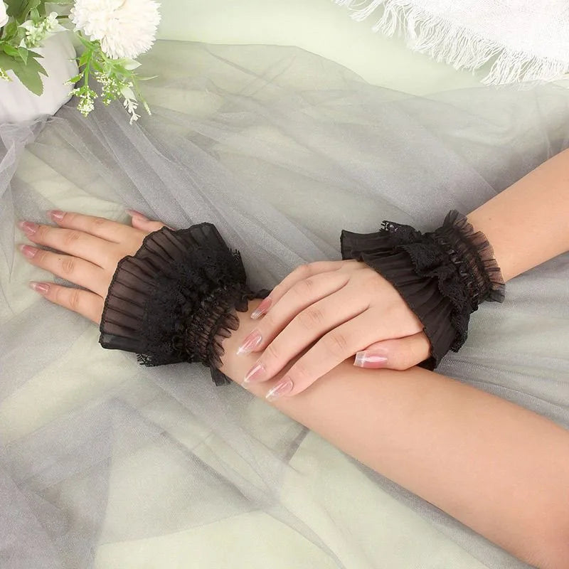 Gothic Lolita Hand Wrist Cuffs Bowknot LaceTrim Maid Cosplay Accessories For Women Girl Party