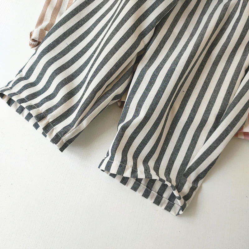 Children's Clothing Vintage Linen Cotton Stripe Pants Baby Boy Girl Casual Shorts Spring Summer Girls Loose Trousers and Shor