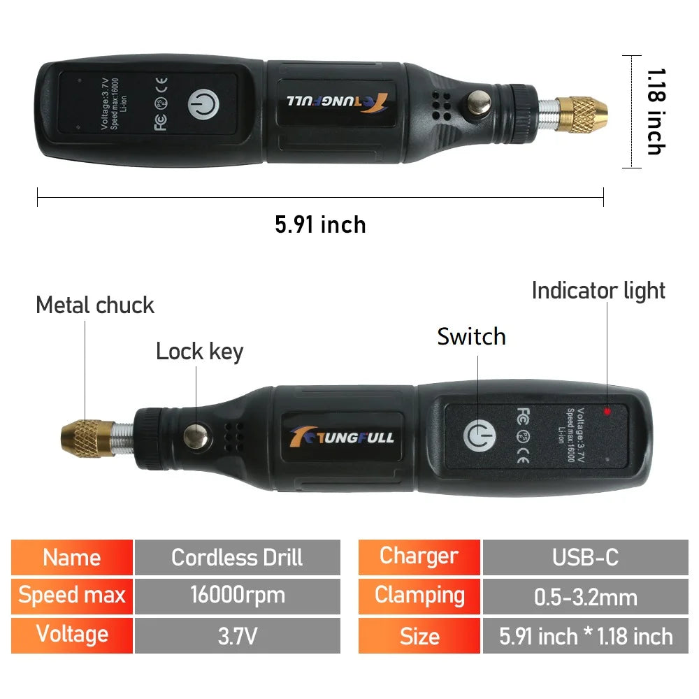 TUNGFULL Cordless Mini Rotary Tool Kit USB Rechargeable Grinder Pen Set For DIY Polishing Drilling Carving Craft Work