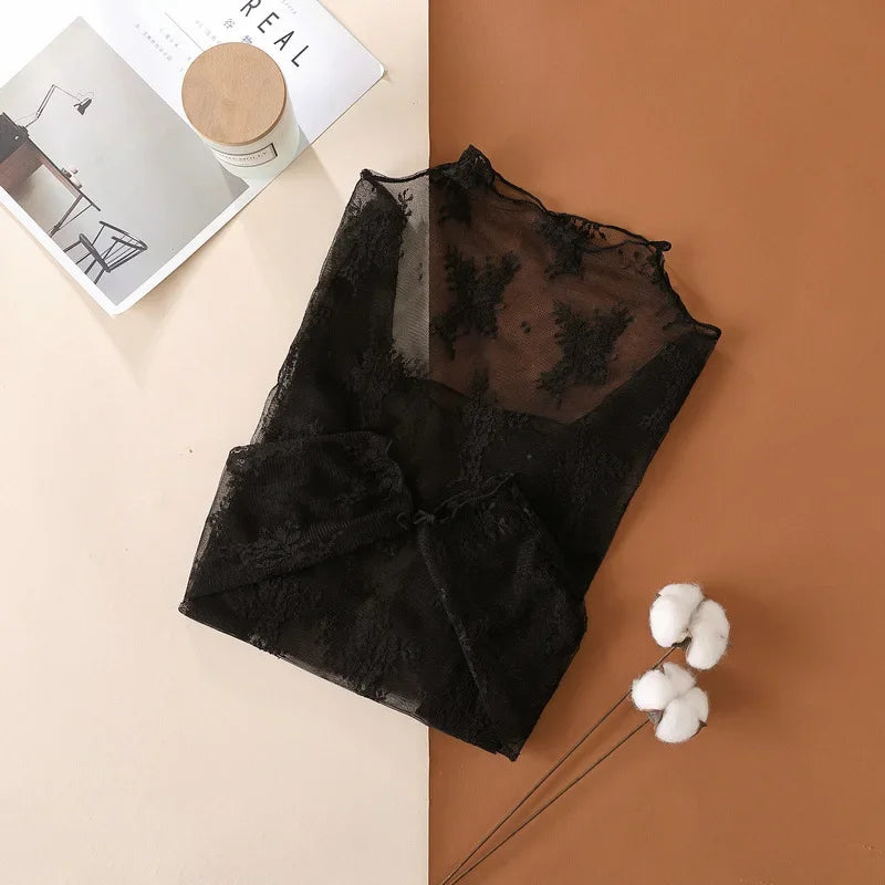 New Women Floral Lace Shirt Spring Autumn Long Sleeve Sexy Mesh Bottoming Shirts Mock Neck Blouse T-Shirt Pullover Top - Blac
