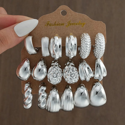 18Pcs/Set Vintage Punk Waterdrop Hoop Earring for Women Fashion Gold Silver Color Exaggerated CCB Earring Daily Wear Jewelry 