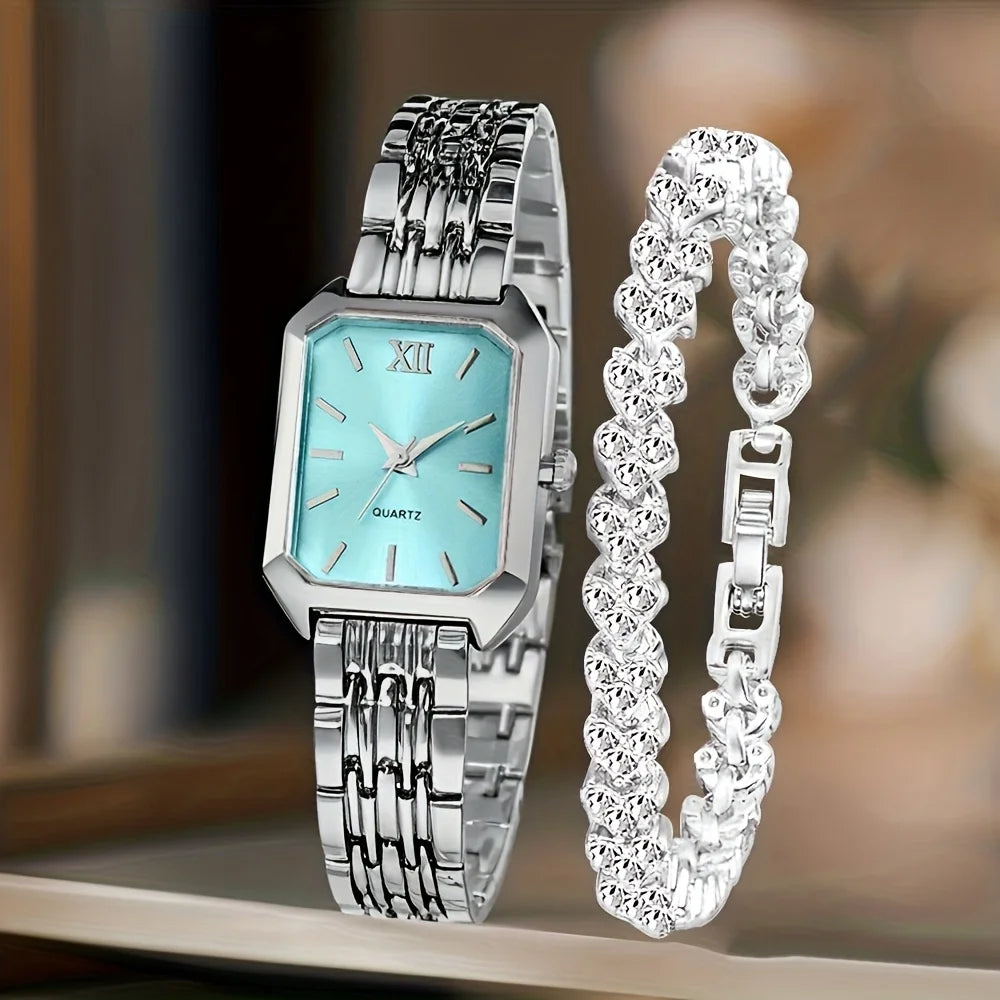 2PCS/Set Fashion Rectangle Women Quartz Watch Ladies Roma Dial Wristwatches Rhinestone Bracelet Set Reloj Mujer Girls Clock G