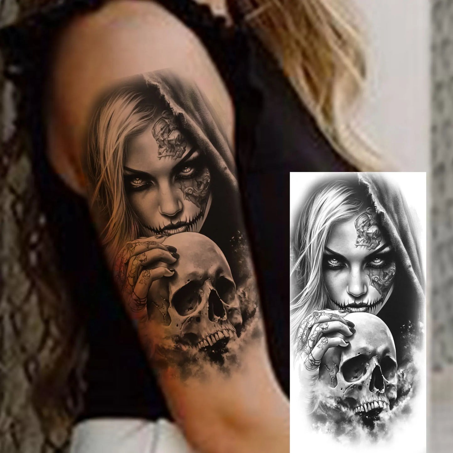 1 Sheet Evil Women Face Joker Mask Temporary Tattoos For Men Women Adults Waterproof Realistic Fake Tattoos Long Lasting Stic