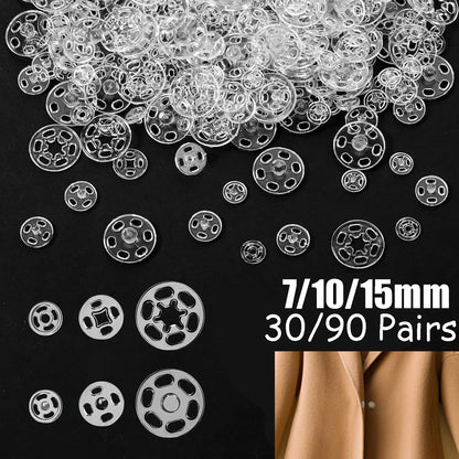 30/90Sets Plastic Sew-on Snap Buttons Invisible Snap Fasteners Buttons Round Clear Press Button for Sewing Clothing DIY Craft