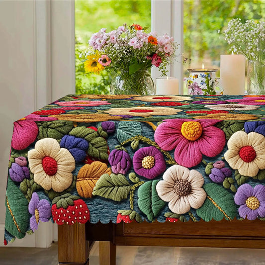 1 Piece of Spring Floral Print Tablecloth, Colorful Flowers, Strawberry Pattern, Embossed Edge Craftsmanship, Available in Ro