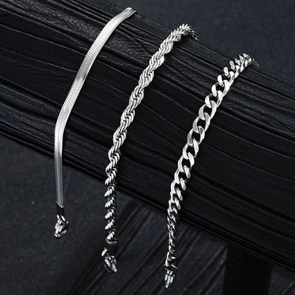 2024 New Simple Stainless Steel Silver Color Jewelry Sets for Men Unisex Punk Vintage Smooth Ring Necklace Bracelet Set Gifts