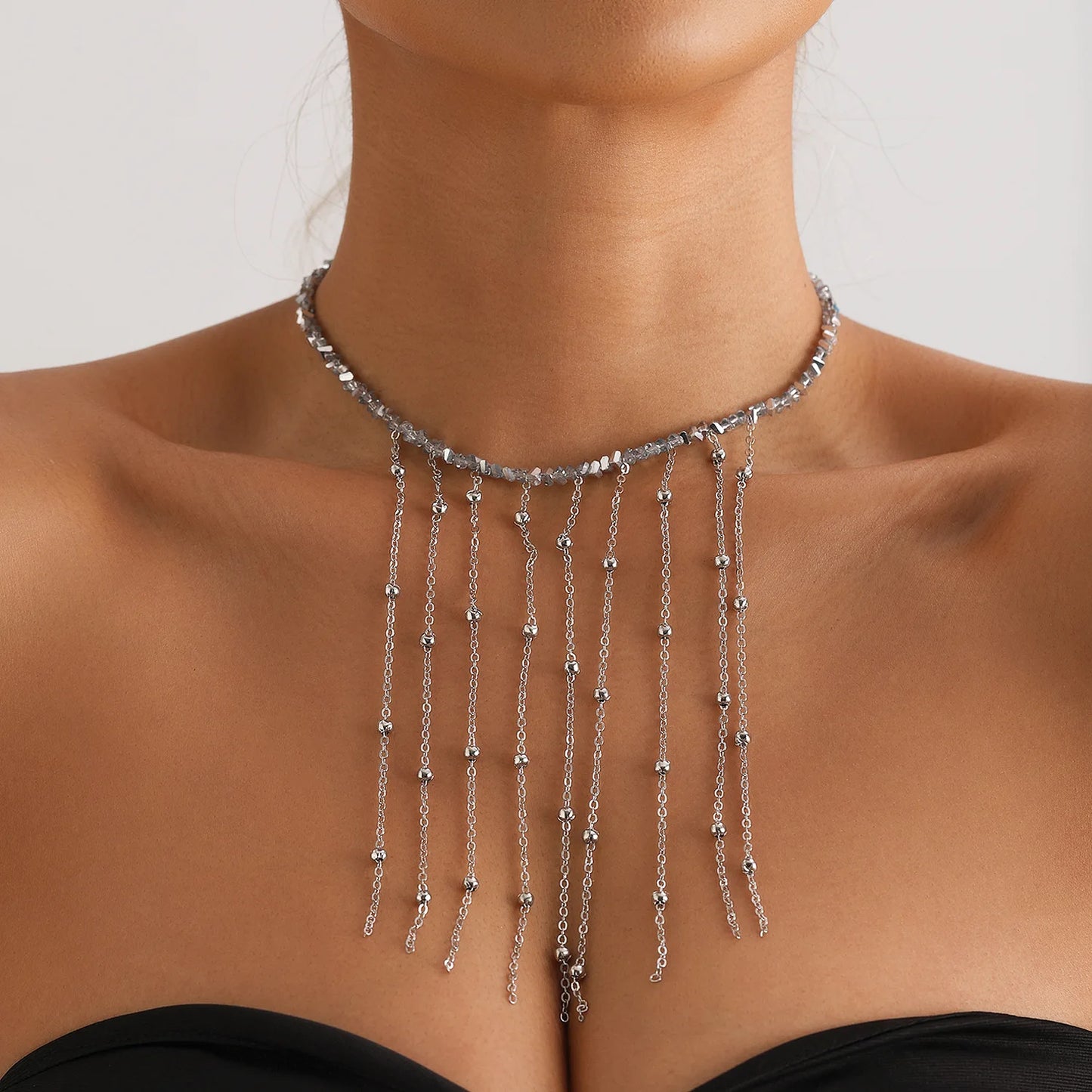 LATS Versatile Beaded Tassels Necklace Adjustable Length Neckchain for Party Wear Fashion Jewelry Accessories Gift
