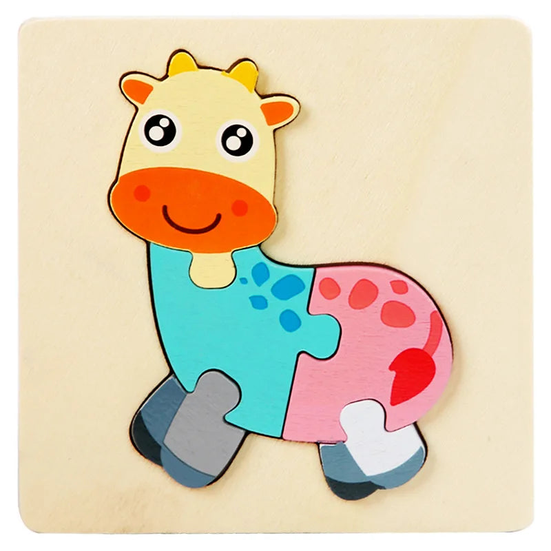 Kids Wooden Toys 3D Wood Puzzle Cartoon Animals Cognitive Jigsaw Puzzle Early Learning Educational Toys For Children Gift - D