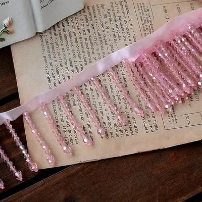 Crystal Pendant Beaded Fringe Lace DIY Clothing Stage Clothing Home Curtain Trim Headwear Decorative Accessories - pink