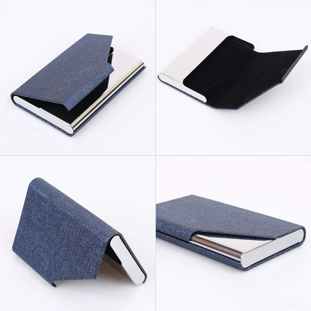 Metal Business Card Holder - Waterproof PU Leather Stainless Steel Card Case for Men and Women