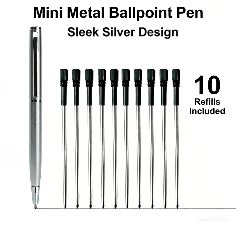 Mini Stainless Steel Metal Ballpoint Pen with 10 Replacement Refills Set, Portable Pocket Ballpen Compact Short Pen for Walle