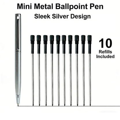 Mini Stainless Steel Metal Ballpoint Pen with 10 Replacement Refills Set, Portable Pocket Ballpen Compact Short Pen for Walle
