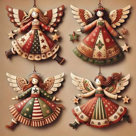 4PCS/Set Vintage Angel Hanging Decor Fantasy Wooden Xmas Tree Hanging Ornament 2025 Navidad Decor for Home 2026 New Year Gift