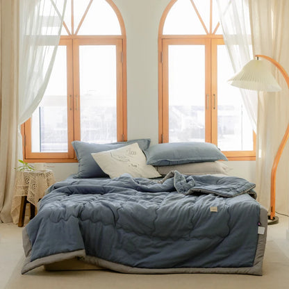 2025 new Japanese polyester cotton quilted summer quilt skin-friendly washable light luxury style solid color lightweight - B