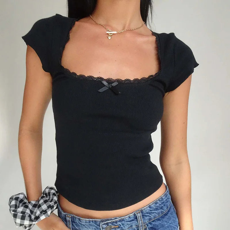 y2k Vintage Baby Tee Cottage Lace Trim Knitted T-Shirt Summer Square Neck Short Sleeve Tee Shirt Women White Milkmaid Crop To