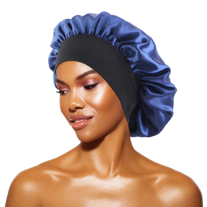 Women's Satin Solid Bonnets Wide-brimmed Night Sleeping Bathing Hat Unisex Head Wrap Elastic Band Cap Hair Care Bonnet - Navy