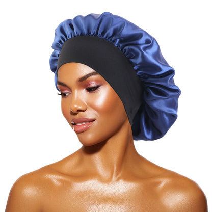 Women's Satin Solid Bonnets Wide-brimmed Night Sleeping Bathing Hat Unisex Head Wrap Elastic Band Cap Hair Care Bonnet - Navy