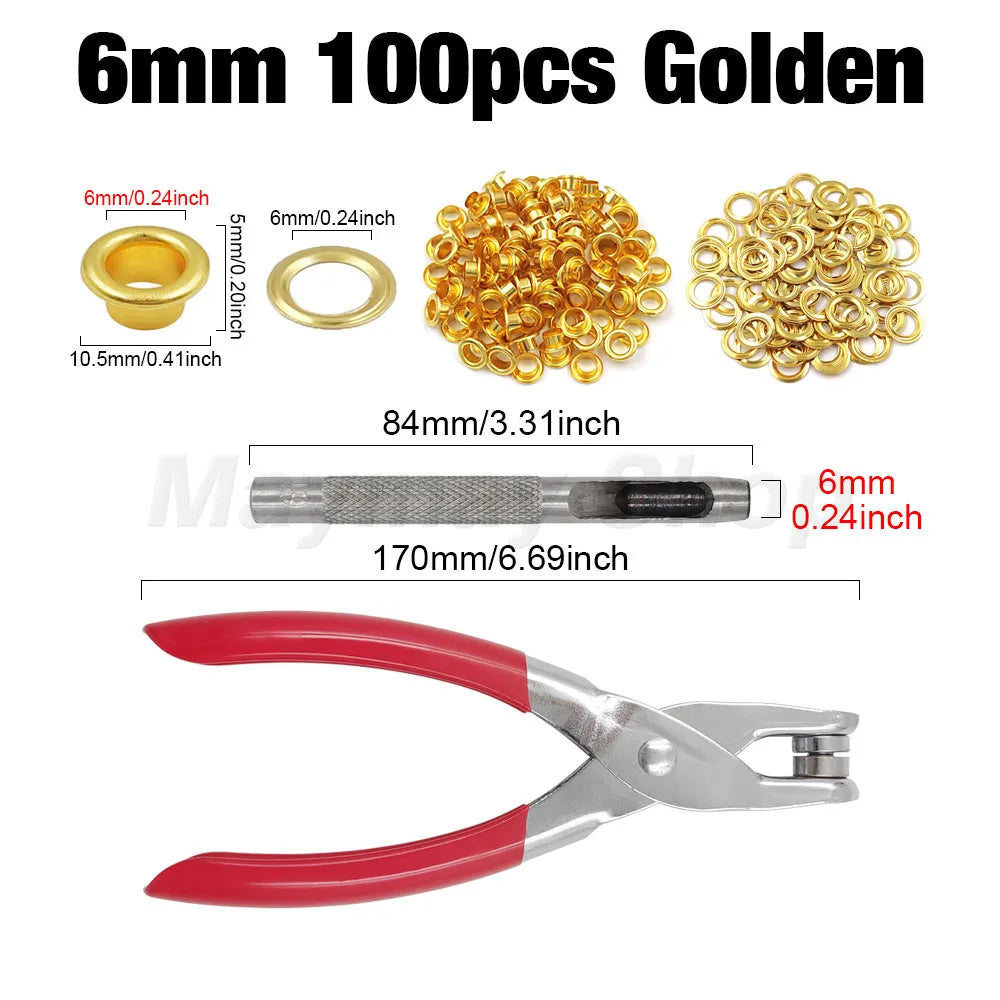 4mm/6mm/12mm Eyelet Grommet Install Plier With 100 Sets Eyelet Metal Hole Ring For DIY Cap Bag Clothes Leathercraft Shoes Bel