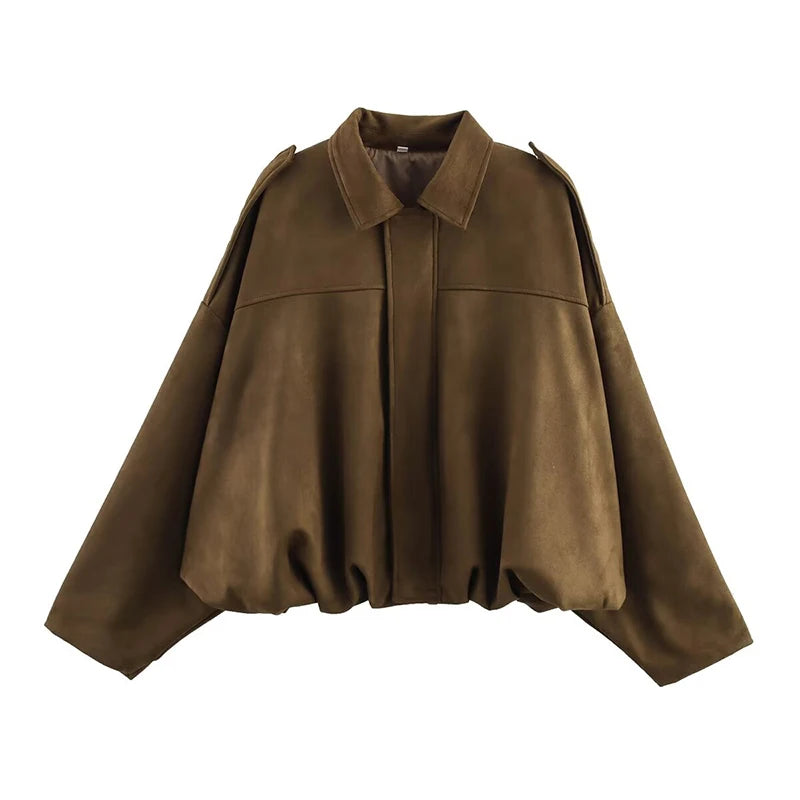 Women's Bomber Jackets Coats Fashion Turn-down Collar Long Sleeve Loose Coats Vintage Female Outerwear Chic Tops - as picture