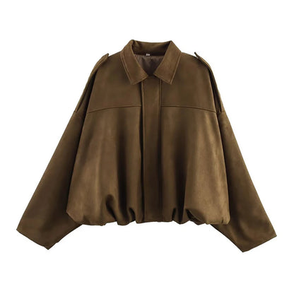 Women's Bomber Jackets Coats Fashion Turn-down Collar Long Sleeve Loose Coats Vintage Female Outerwear Chic Tops - as picture