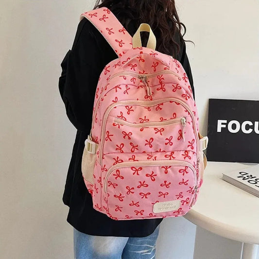 3 Pcs/Set Cute Schoolbag Large Capacity Bow Backpack Bow Print Nylon School Bag Adjustable Strap Travel Backpack