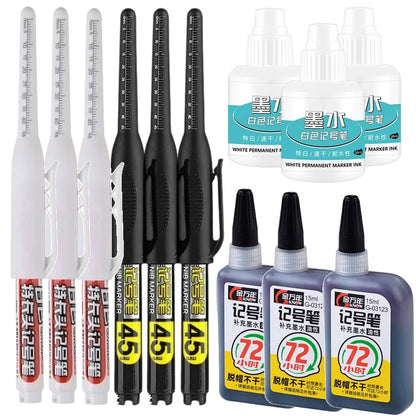45mm Waterproof Deep Hole Marker Pens Long Nib Head Carpenter Pen White/Black/Blue Ink for Multi-Purpose Woodworking Hand Too