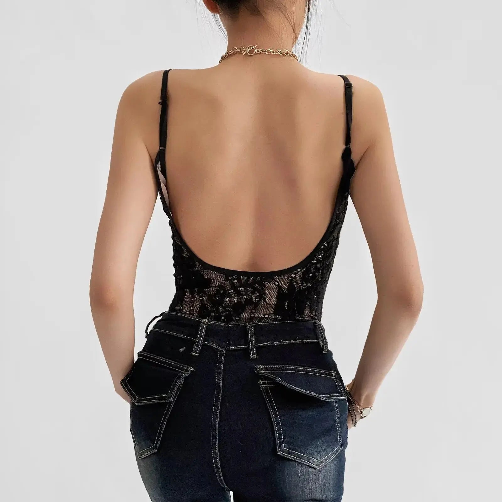 Sexy See Through Lace With Lining Backless Spaghetti Strap Bodysuit Woman Sling Tight Short Jumpsuit Slim Fit Rompers Playsui